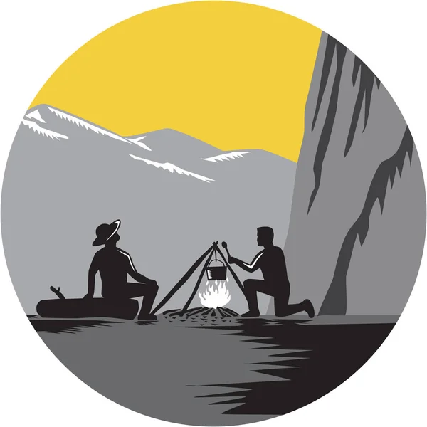 Campare sitter matlagning lägerelden cirkel träsnitt — Stock vektor