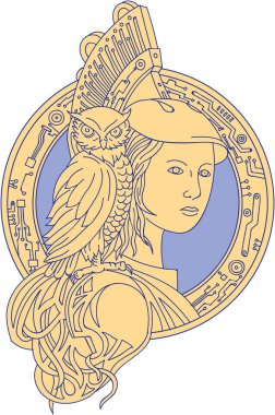 Athena with Owl on Shoulder Circuit Circle Mono Line clipart