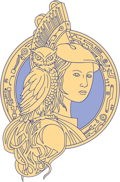 Athena com coruja no circuito de ombro Círculo Mono Line — Vetor de Stock