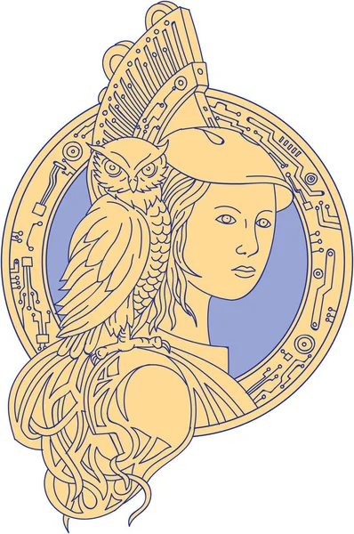 Athena with Owl on Shoulder Circuit Circle Mono Line — Stock Vector