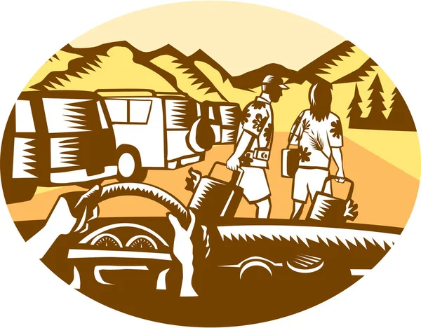 Manos en la rueda Turismo Montaña Oval Woodcut — Vector de stock