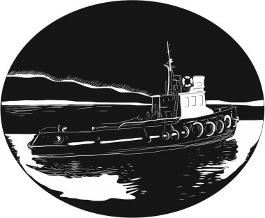 River Tugboat Oval Woodcut clipart