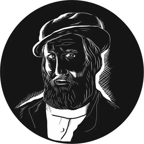 Hernán Cortes Conquistador Woodcut — Vector de stock