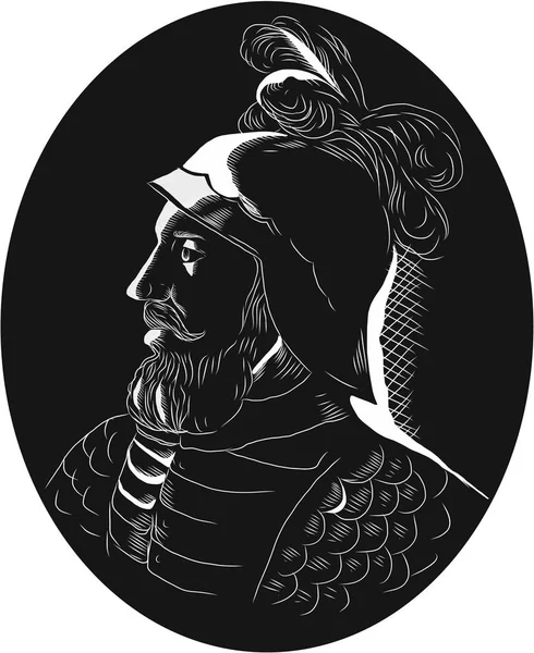 Vasco Nunez de Balboa Conquistador Woodcut — Διανυσματικό Αρχείο