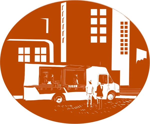 Food Truck Edificios de la ciudad Oval Woodcut — Vector de stock