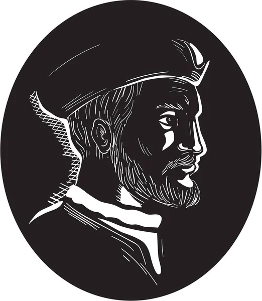 Jacques Cartier explorador francês Oval Woodcut —  Vetores de Stock