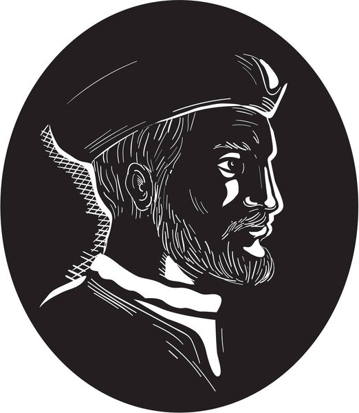 Jacques Cartier French Explorer Oval Woodcut