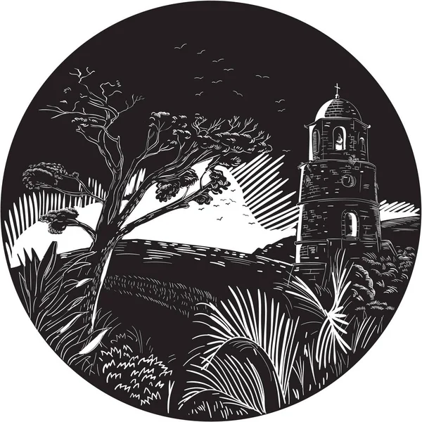 Torre del campanario en la colina Árboles Círculo Woodcut — Archivo Imágenes Vectoriales