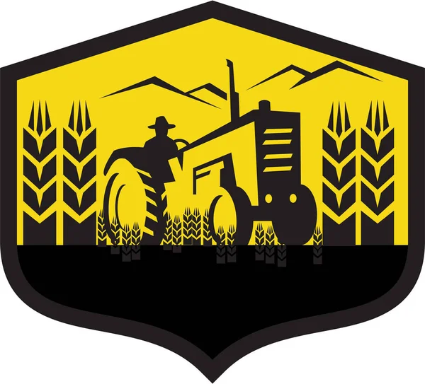 Trekker oogsten van tarwe boerderij Crest Retro — Stockvector