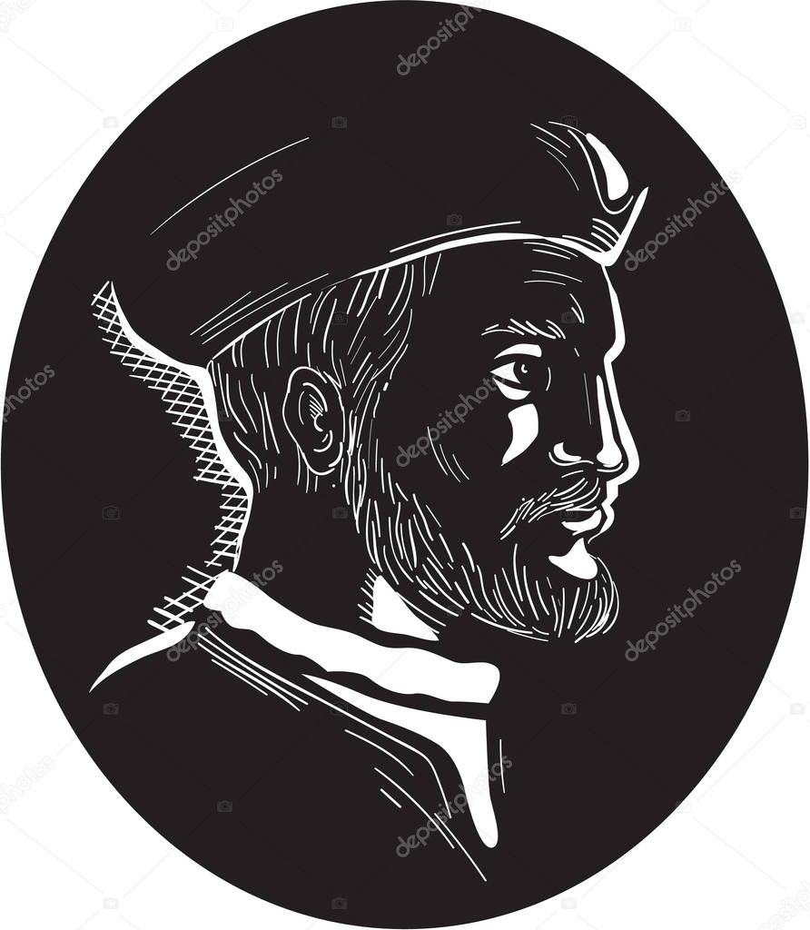 Jacques Cartier French Explorer Oval Woodcut