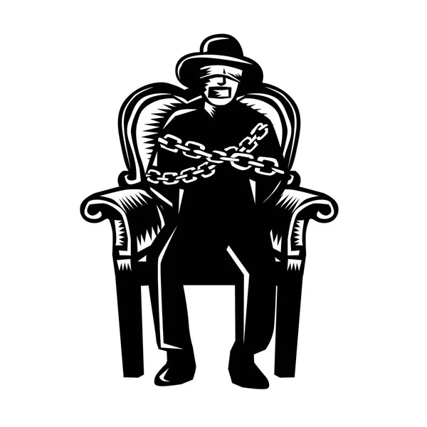 Hombre amordazado encadenado a Grand Arm silla Woodcut — Vector de stock