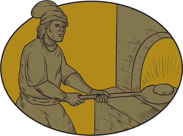 Medieval Baker Pan Pelar madera Horno Oval Dibujo — Vector de stock