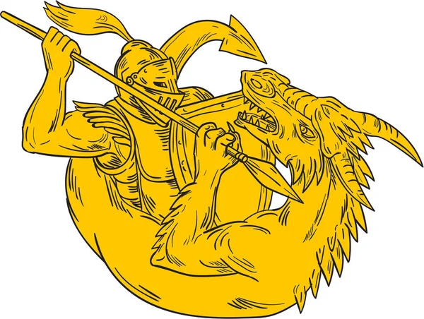 Cavaliere combattimento drago lancia disegno — Vettoriale Stock