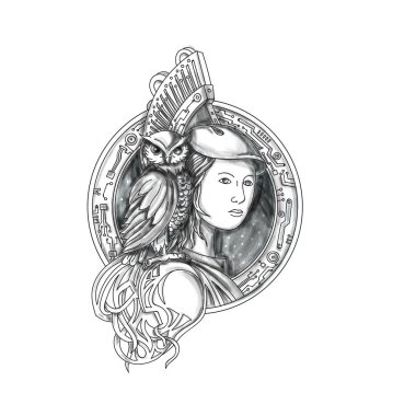 Athena with Owl on Shoulder Electronic Circuit Circle Tattoo clipart