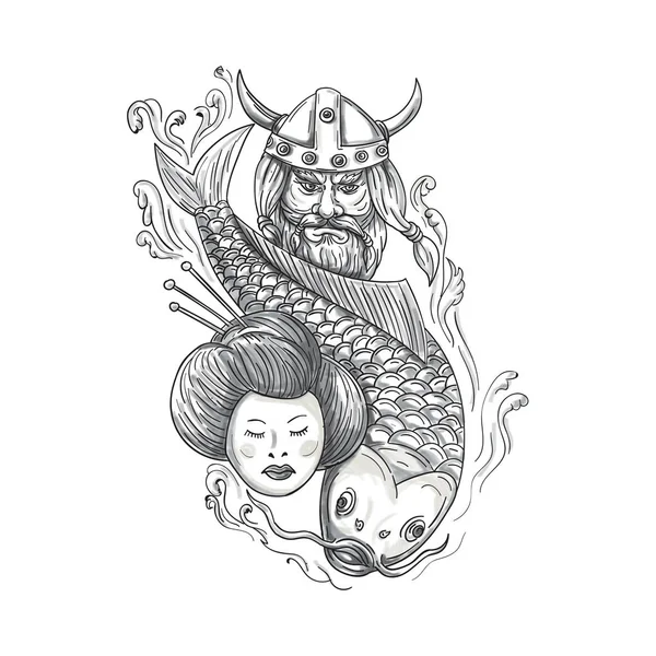 Viking Carp Geisha hoofd Tattoo — Stockfoto