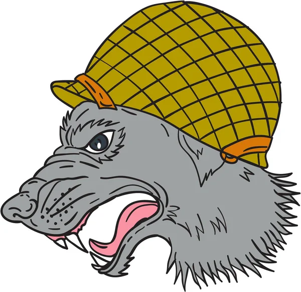 Grijze Wolf hoofd grommen Ww2 helm tekening — Stockvector