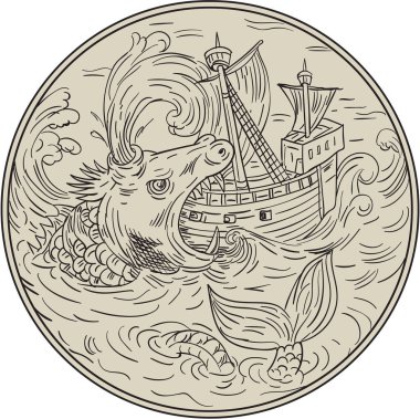 Yelken gemi daire çizim atak eski deniz canavarı