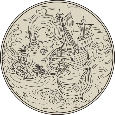 Ancient Sea Monster Attacking Sailing Ship Circle Drawing clipart