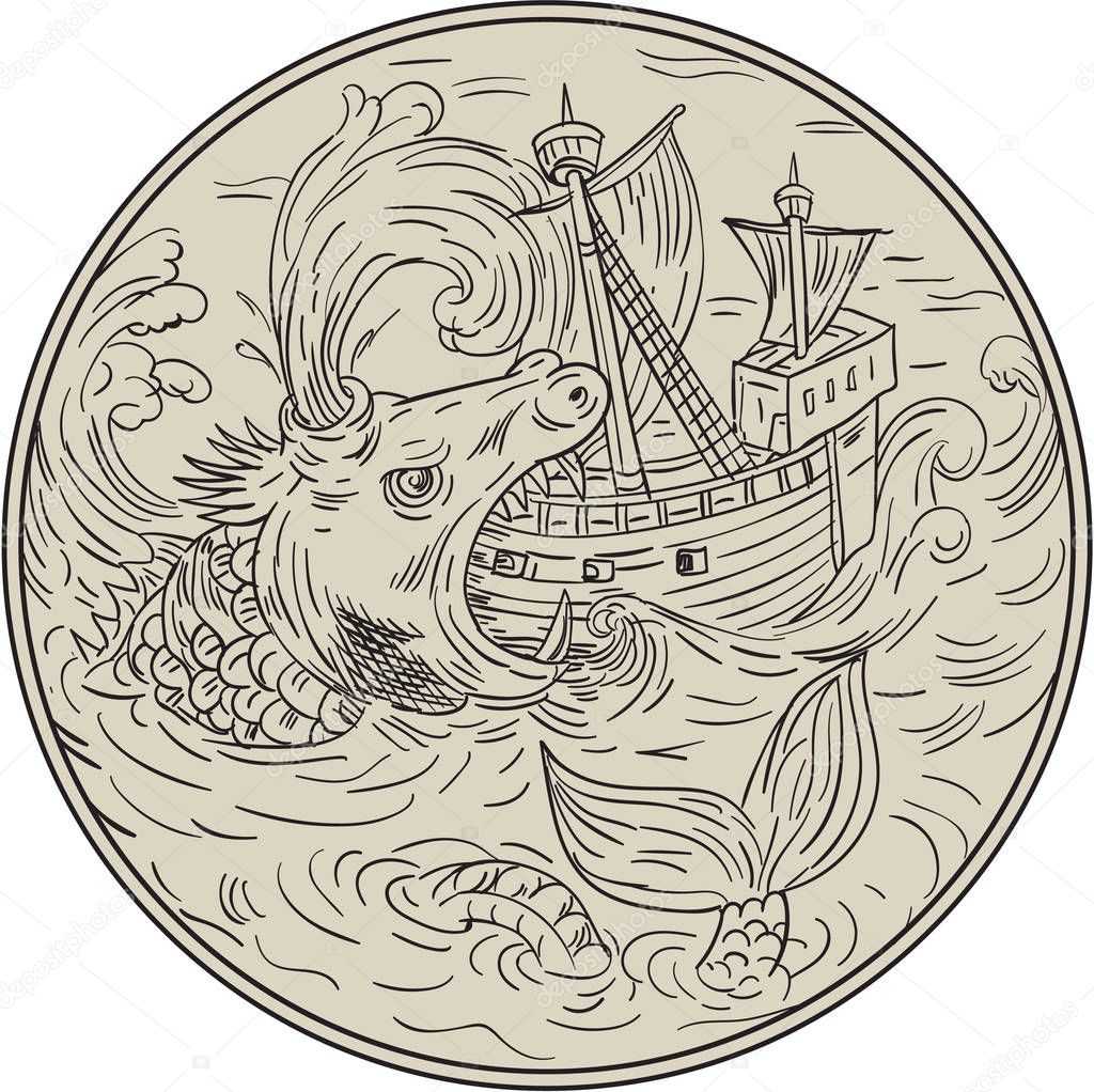 Ancient Sea Monster Attacking Sailing Ship Circle Drawing