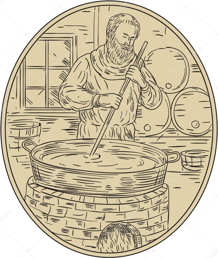 Medieval Monk Brewing Beer Oval Drawing
