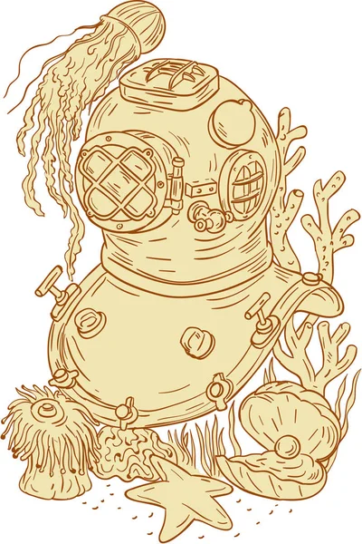 Old School Diving Helmet Underwater Drawing - Stok Vektor