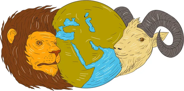 Λιοντάρι κεφάλι κατσίκας Μέση Ανατολή χάρτη Globe σχεδίασης — Διανυσματικό Αρχείο