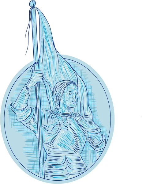 Joan of Arc Holding Flag Oval Drawing Stok Ilustrasi 