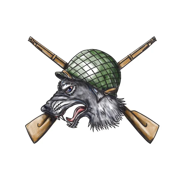 Grey Wolf WW2 Helmet Crossed Rifles Tattoo — Stock Photo, Image