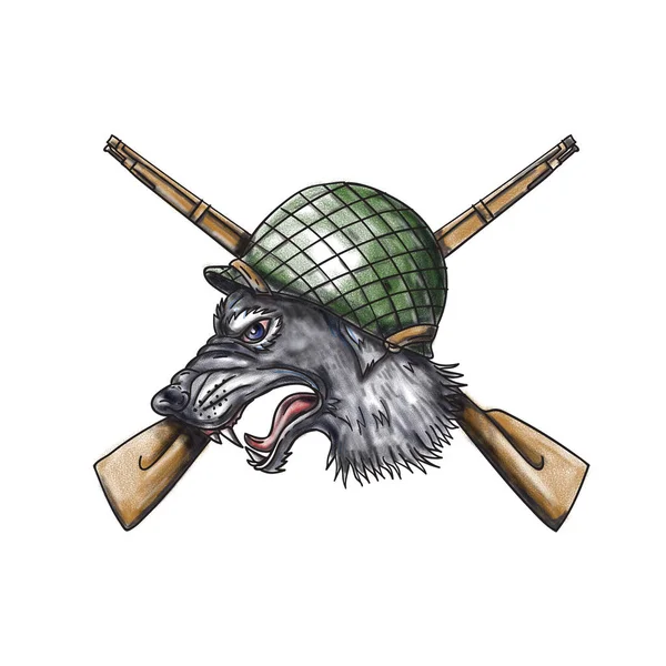 Grey Wolf WW2 Helmet Crossed Rifles Tattoo Stock Image