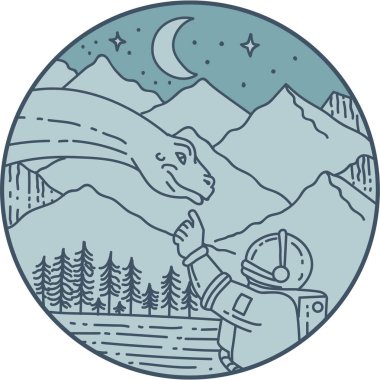 Astronaut Brontosaurus Moon Stars Mountains Circle Mono Line clipart