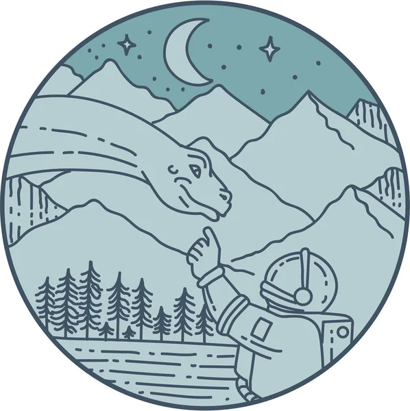 Astronaut Brontosaurus Moon Stars Mountains Circle Mono Line — Stock Vector