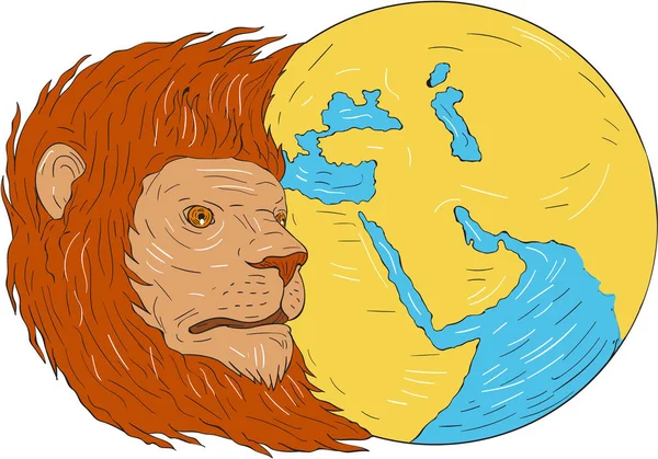 Lion Head Oriente Médio Ásia Mapa Globo Desenho — Vetor de Stock