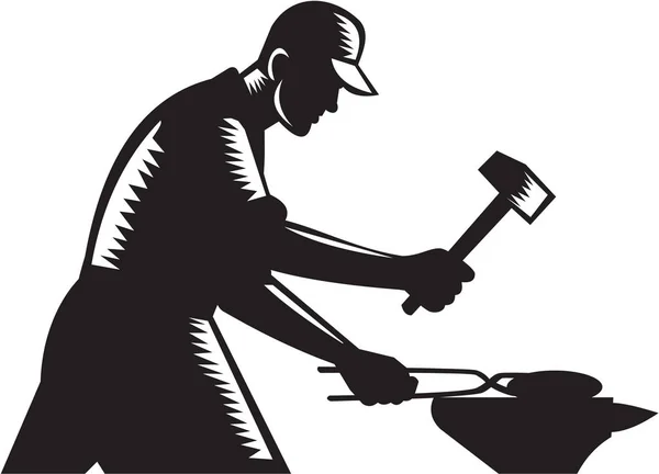 Blacksmith Worker Forging Iron Black and White Woodcut — Stock Vector