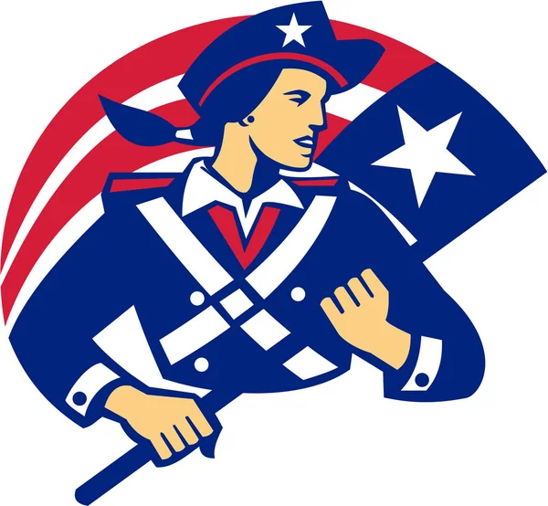 Mujer American Minuteman Holding Flag Retro — Vector de stock