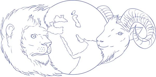Löwe Widder Globus Naher Osten Zeichnung — Stockvektor