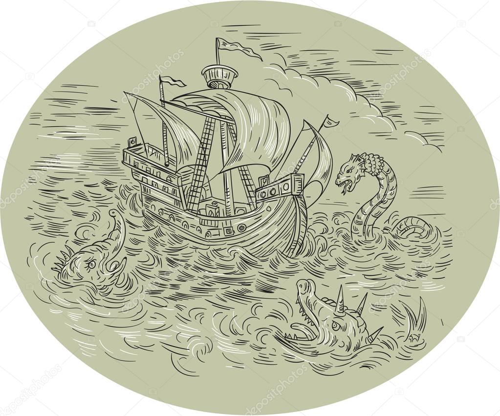 Tall Ship Turbulent Sea Serpents Oval Drawing