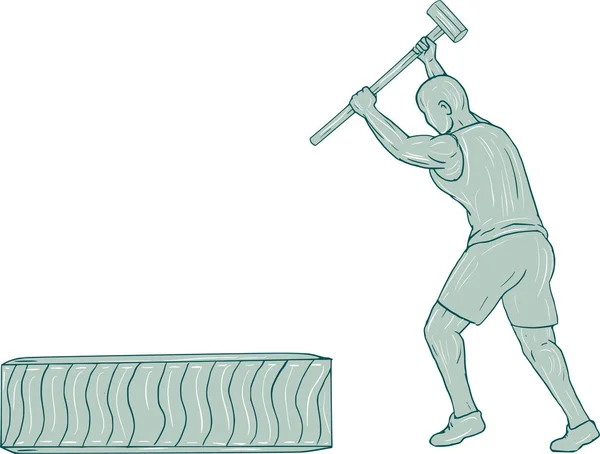 Atleta de fitness Sledge Hammer Golpeando neumáticos Dibujo — Vector de stock