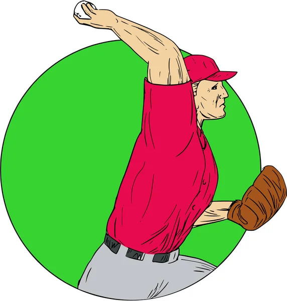 Baseball jarro jogando bola círculo desenho — Vetor de Stock