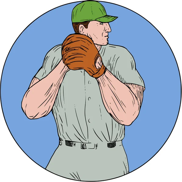 Baseball Pitcher Starting To Throw Ball Circle Drawing — Stock Vector