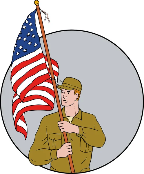 Amerykański żołnierz przytrzymanie rysunek koło flaga Usa — Wektor stockowy