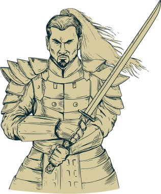 Samuray savaşçı Swordfight duruş çizim