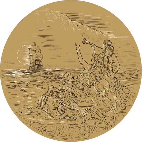 Sirena sull'isola che ondeggia chiamando alto disegno del cerchio della nave — Vettoriale Stock