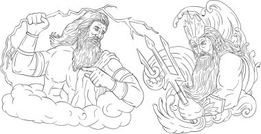 Zeus Vs Poseidon Black and White Drawing clipart