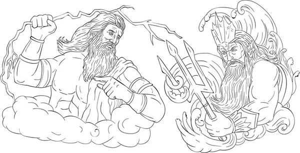 Zeus vs Poseidón Dibujo en blanco y negro — Vector de stock