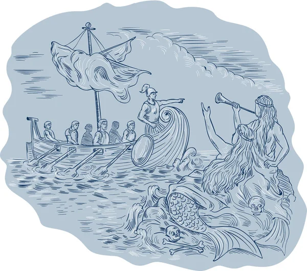 Griego Trireme Navigator Señalando Evitar Sirenas Dibujo — Archivo Imágenes Vectoriales