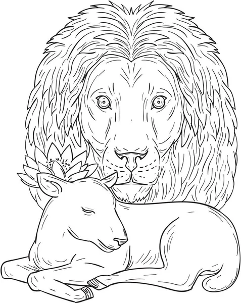 Lew, opiekowanie się Śpiąca owieczka rysunku — Wektor stockowy