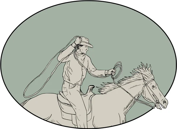 Cowboy équitation cheval lasso ovale dessin — Image vectorielle