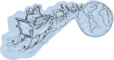 Santa Claus Sleigh Reindeer Gifts Around the World Drawing clipart