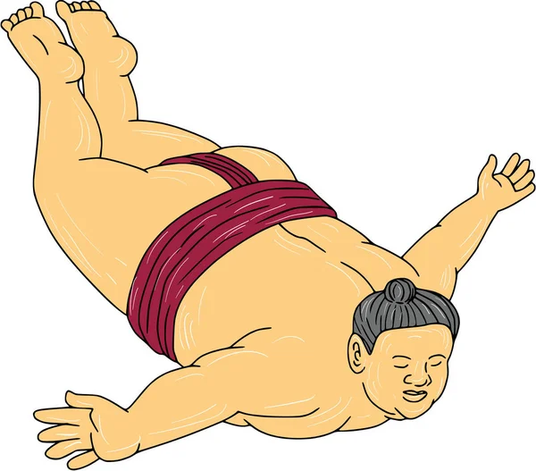 Japanese Sumo Wrestler Skydiving Drawing — Stock Vector