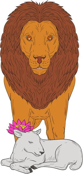 León de pie sobre el dibujo de la flor de loto de cordero — Vector de stock
